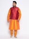 Vastramay Men's Plus Size Maroon Zari Weaved Nehru Jacket With Kurta Pyjama set